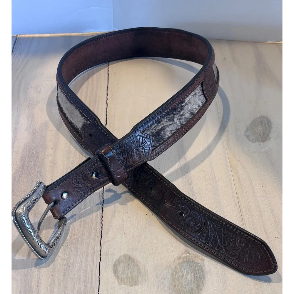 Hooey Western Leather Belt 34 Floral Tooled Cow Hide Silver Buckle Snap On